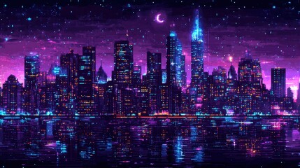 Wall Mural - Glowing Nightscapes: Retro City Skyline with Neon Lights and Pixelated Stars