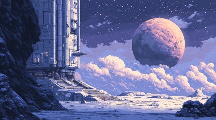 Fototapete - Retro Sci-Fi Space Station with Pixelated Planets and Metallic Platforms in 16-Bit Style
