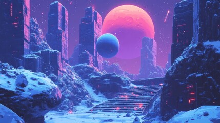 Fototapete - Pixelated Retro Sci-Fi Space Station with Cool Tones and Metallic Platforms in 16-Bit Style