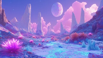 Fototapete - Futuristic Pixelated Alien World - Retro Sci-Fi Landscape with Glowing Plants, Double Moons, and Cratered Surface in Vibrant 16-Bit Colors