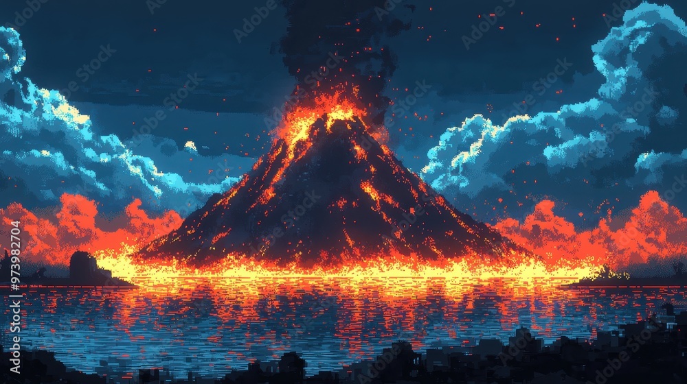 Retro 8-Bit Volcano Eruption: Pixelated Lava Flows and Ash Clouds Over ...