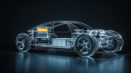 Frontside Futuristic AR car wireframe concept, generative ai, Augmented reality wireframe of car concept with blue background hyper realistic