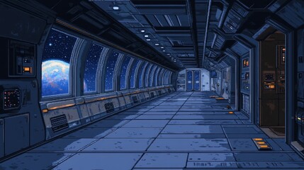 Fototapete - Retro Sci-Fi Space Station Corridor with Pixelated Windows and Distant Planets in 16-Bit Style