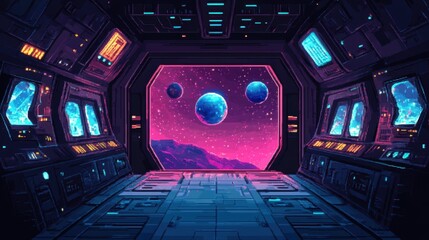 Wall Mural - Retro Sci-Fi Space Station Corridor with Pixelated Windows and Distant Planets in 16-Bit Style