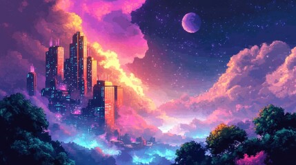 Wall Mural - Retro Sci-Fi Pixelated Alien Landscape with Glowing Plants and Floating Rocks in Vibrant Colors