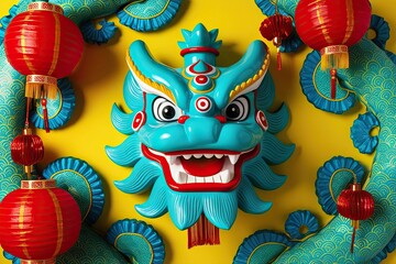 Turquoise Chinese Lion Art on Vibrant Yellow Background for Cultural Festivities