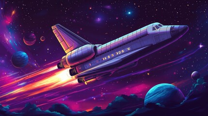 Fototapete - Retro Sci-Fi Space Shuttle Among Pixelated Stars and Planets with Glowing Engines in Dark Tones - 16-Bit Clean Layout
