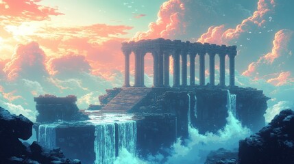 Wall Mural - Serene Pixelated Temple: Retro Fantasy Scene with Crumbling Pillars, Pixel Clouds, Waterfalls.