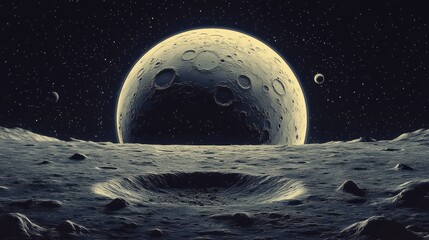 Wall Mural - Retro Moon Crater with Pixelated Stars and Lunar Base - Vintage 8-Bit Space Scene in Gray Tones