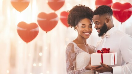 Smiling couple holding red heart-shaped balloons, celebrating Valentine's Day. A romantic scene filled with love and affection.