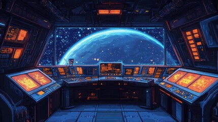 Fototapete - Retro Sci-Fi Space Station Control Room with 16-Bit Pixelated Screens and Glowing Panels in Dark Tones