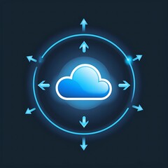 Wall Mural - Blue cloud icon with white outline in the center, representing cloud computing, surrounded by blue gradient circular arrows and outward-pointing directional arrows on a dark background.