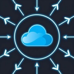 Wall Mural - Illustration of an AI cloud icon, connected to laptops, desktops, and servers via blue lines. Perfect for cloud technology, data, and networking presentations.