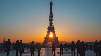  A stunning sunset silhouette of the Eiffel Tower, capturing the beauty of Paris as visitors admire the iconic landmark.
