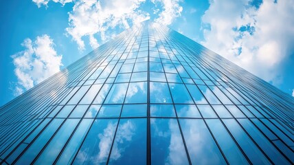 Wall Mural - A stunning view of a modern skyscraper reflecting clouds and sky, showcasing architectural beauty and urban design.