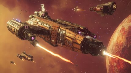 Fototapete - Ethereal Space Battle Arena with Pixel Starships - Futuristic Sci-Fi Background for Gaming and Design Projects