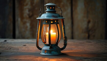 Warm Glow of a Rustic Weathered Lantern with Flickering Candle Light