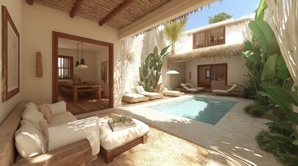 Poster - outdoors living room by the pool in a luxury home