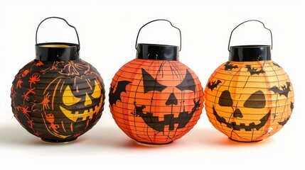 A set of spooky Halloween-themed paper lanterns isolated on white background