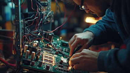 Poster - A technician repairing a circuit board with focused attention, surrounded by wires and electronic components in a workshop.