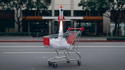 Rocket Launch Shopping Cart: Fast Online Market Delivery Concept