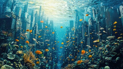 Wall Mural - A vibrant underwater city with colorful fish swimming among coral reefs and towering skyscrapers, showcasing marine life and urban beauty.