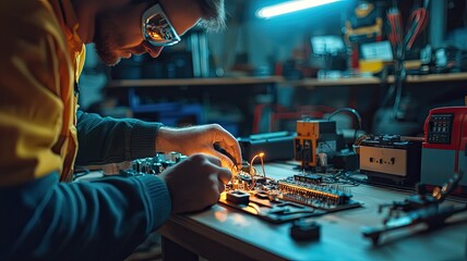 Poster - An engineer works meticulously on a circuit board in a well-lit workshop, showcasing precision and focus in electronic repair.
