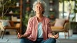 © thekob5123 - Middle-aged person meditating in a serene indoor space with soft, calming decor and natural light, their posture relaxed and their expression peaceful, copy space for text
