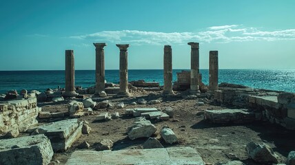 Ancient ruins by the sea, featuring stone columns and blue water under a clear sky, ideal for travel and history themes.