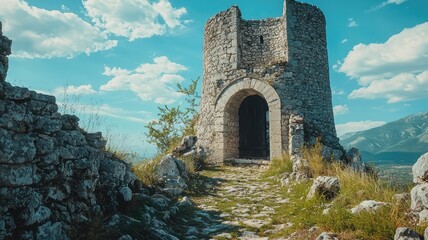 Ancient stone tower nestled amidst greenery under a blue sky, showcasing historical architecture and scenic landscape.