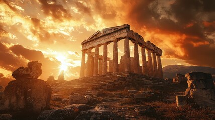 Wall Mural - Ancient temple ruins bathed in a stunning sunset, showcasing the beauty of history and architecture against a dramatic sky.