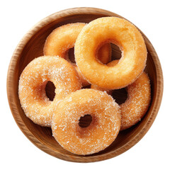 sugar rings donut with wooden bowl top view isolated on transparent white background, clipping path