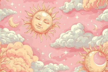 Seamless pattern with hand-drawn suns and clouds, smiling faces, stars, and celestial elements on a pink and white background, high definition vector illustrations.