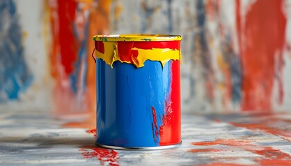 Canvas Print - Colorful paint can with vibrant blue, magenta, and red stripes, featuring a striking yellow and red lid