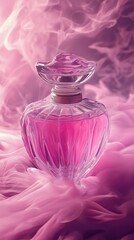 Elegant perfume container made of glass or crystal with a pink-purple background of smoke waves