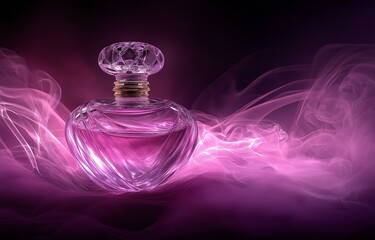 Elegant perfume container made of glass or crystal with a pink-purple background of smoke waves