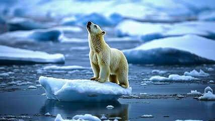 close polar bear on a melting ice floe in the arctic sea