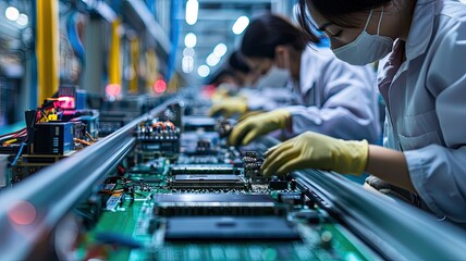 Poster - Close-up of engineers working on electronics assembly in a modern factory, emphasizing precision and collaboration.