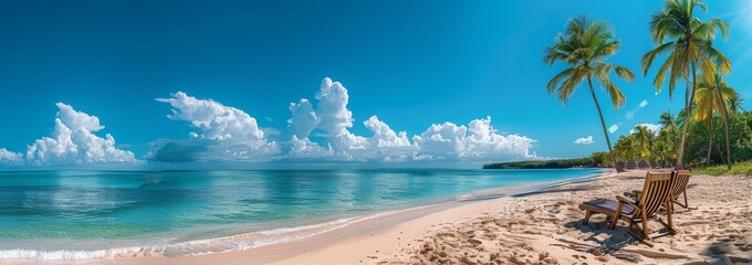 Wall Mural - Serene beach scene with palm trees and chairs against clear blue skies in Puerto Rico, bright sun on white sandy beaches, ideal for relaxation or vacation, high definition photography.