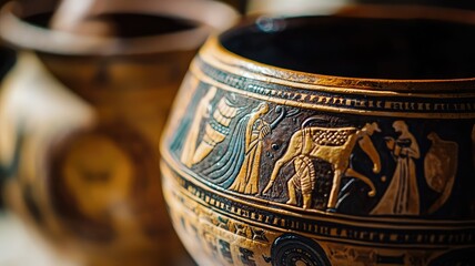 Close-up view of ancient pottery featuring intricate designs and historical motifs, showcasing craftsmanship and cultural heritage.