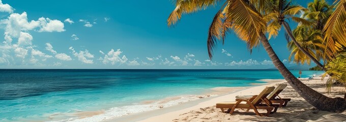 Wall Mural - Serene beach scene with palm trees and lounge chairs, capturing tropical paradise on a Caribbean island vacation, high definition photography.