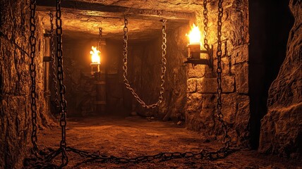 Dimly lit dungeon with chains and torches, creating an eerie atmosphere. Perfect for horror or medieval-themed projects.