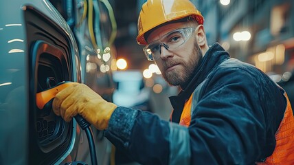 Poster - Focused technician connects electric vehicle charger in a well-lit workshop, showcasing safety gear and skilled craftsmanship.