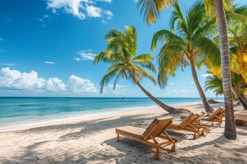 Wall Mural - Serene tropical beach scene with palm trees, loungers, white sand, and ocean view under a blue sky, capturing the essence of relaxation, high definition photography.