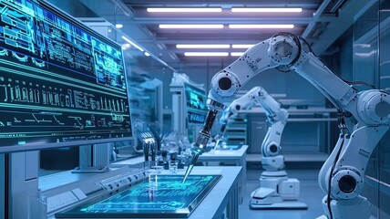 Poster - High-tech robotic arm operating in a futuristic laboratory with screens displaying data analytics and robotic processes.