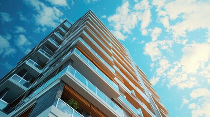 Modern apartment building with a clear blue sky and fluffy clouds, capturing a vibrant urban architecture and design.