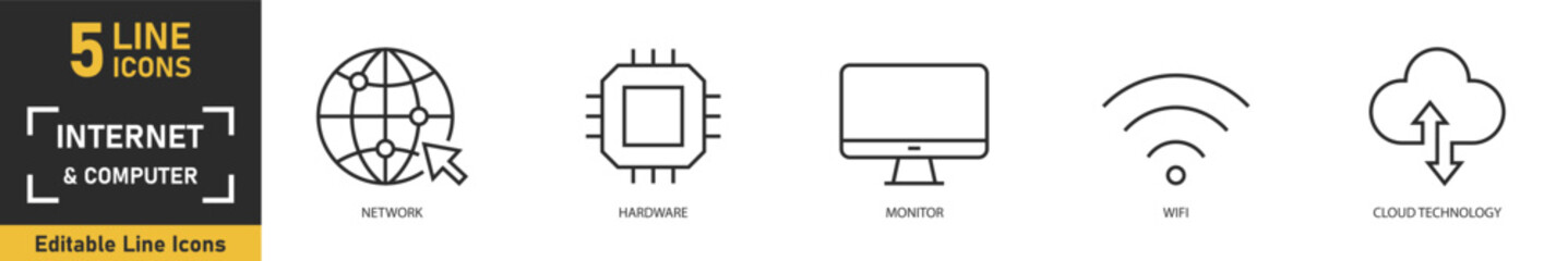 Internet and Computer line icon set. Set of 5 outline icons related to network, hardware, monitor, wifi, cloud technology and more. Vector illustration.
