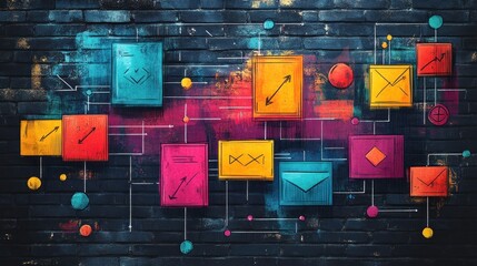 Wall Mural - Colorful abstract design with geometric shapes on a brick wall.