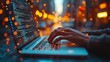 © khairulz - A close-up of hands typing on a laptop with code displayed, surrounded by glowing bokeh lights.