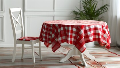 Wall Mural - Charming white table adorned with a classic red and white checkered tablecloth